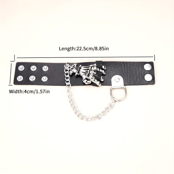 Cuff bracelet Skull & Bone Leather Hand Chain Wrist Bangle Goth Edgy Rock Biker - Picture 6 of 6